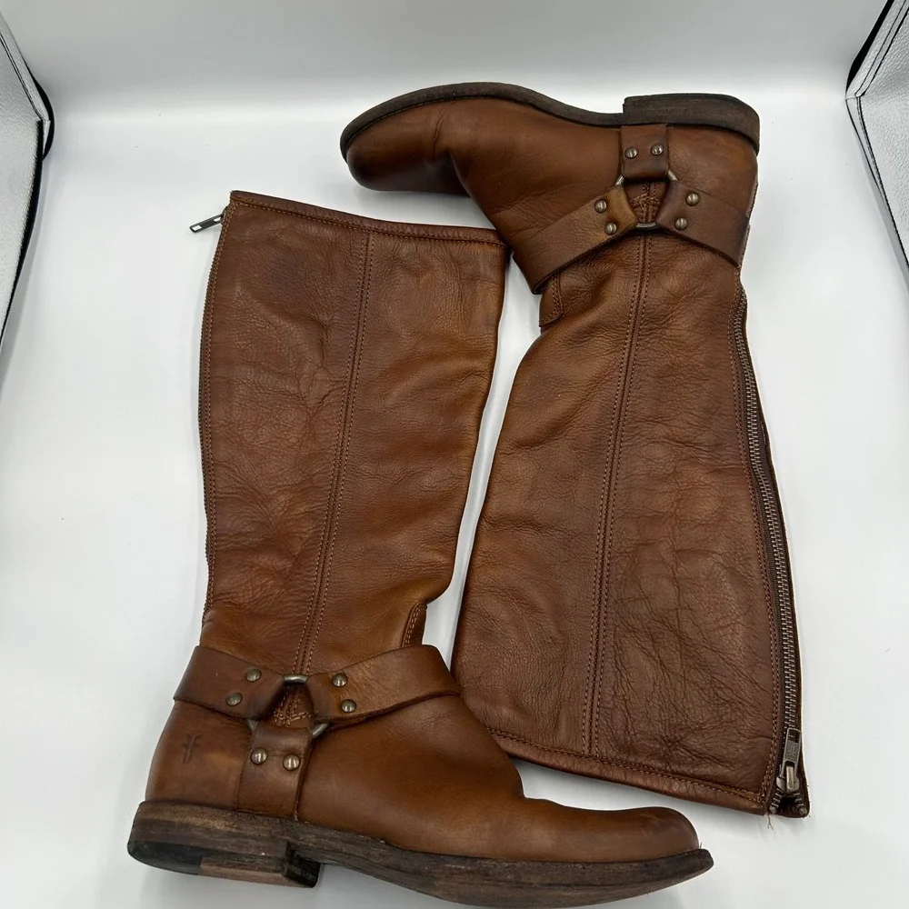 Frye Melissa Harness Boots Womens 7.5B Brown Leather Extended Calf 76850